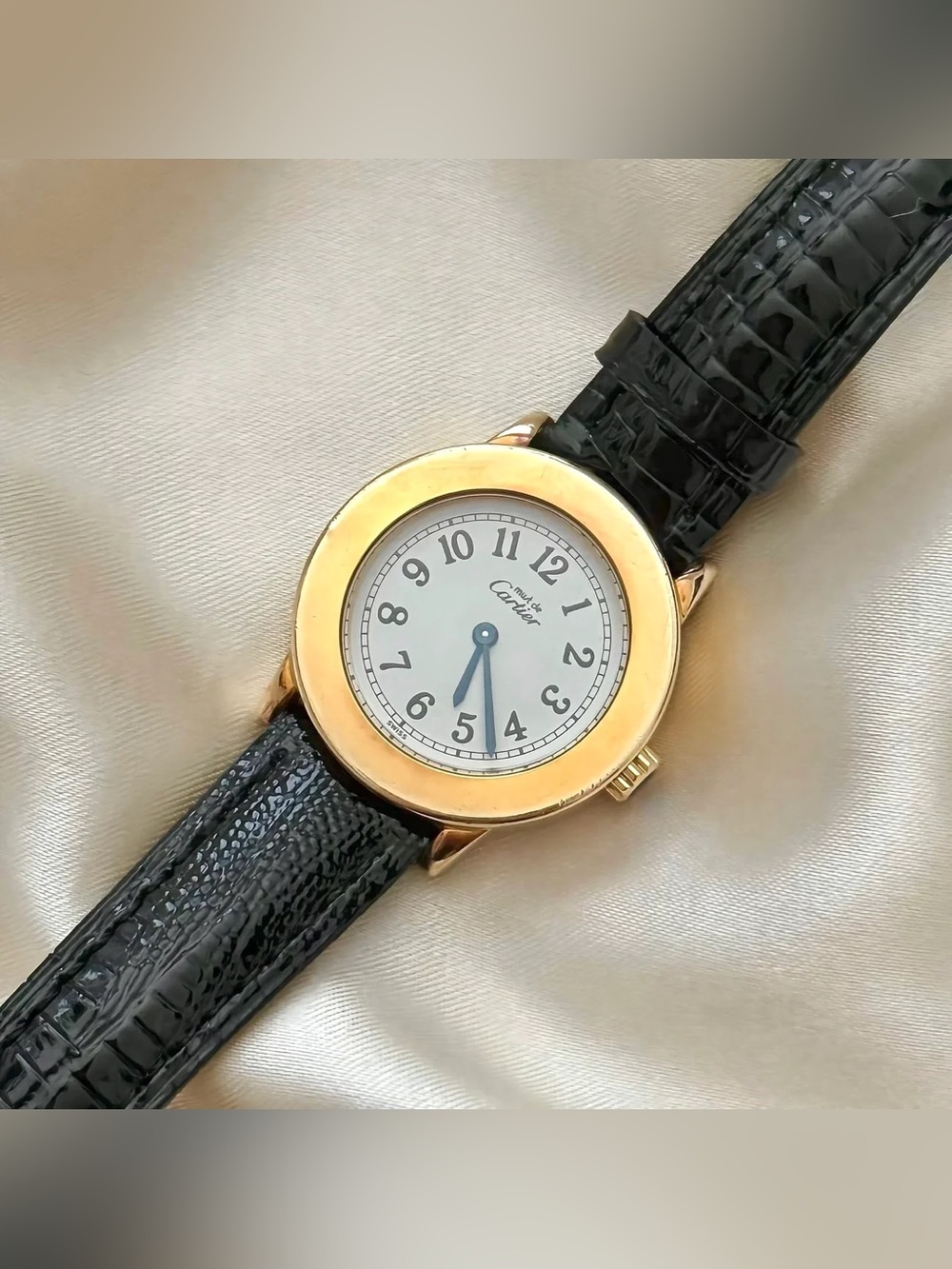 AUTHENTIC VINTAGE CARTIER BLACK LEATHER WATCH - WITH BOX - Picture 6 of 8